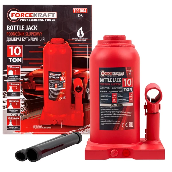 Домкрат гидравлический бутылочный, 10т (с предохранительным клапаном, минимальная высота: 190 мм, ход штока: 110 мм, ход винта: 60 мм, максимальная вы