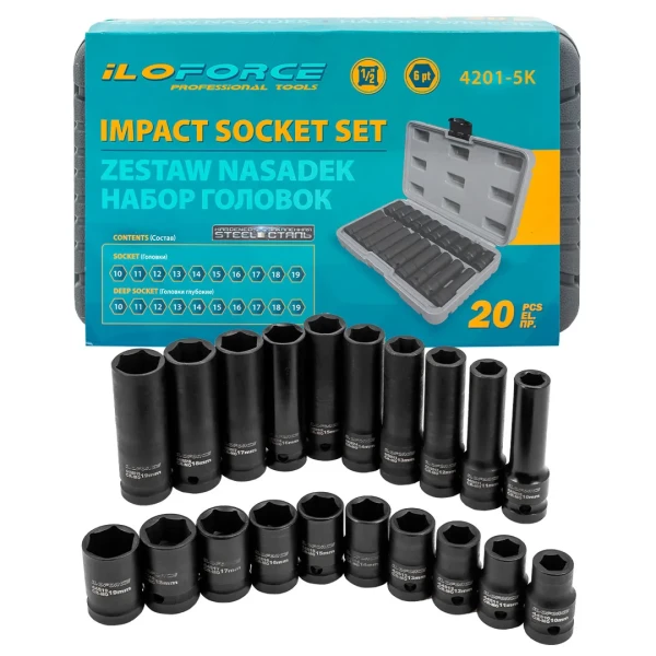 Набор головок 20пр., 1/2''(6гр.) (короткие 38мм/глубокие 78мм: 10-19мм) в пласт.кейсе