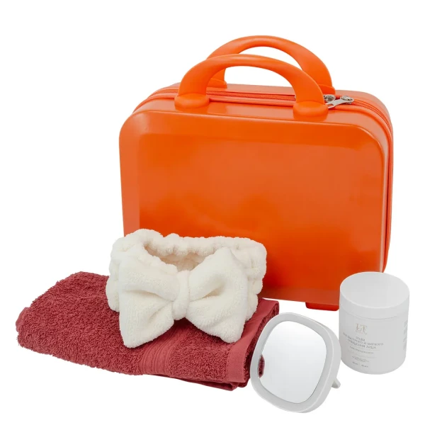 Набор(сумка оранжевая 026#+полотенце+пэды53012+зеркало52870+повязка на голову бант)
