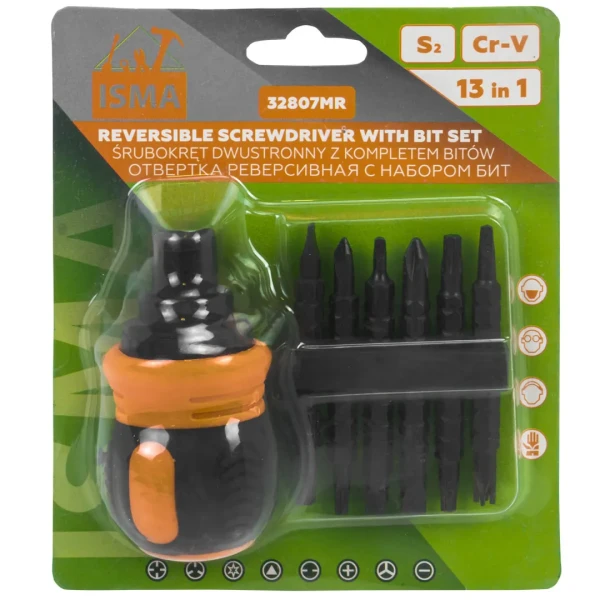 Отвертка реверсивная с набором бит специальных,в блистере