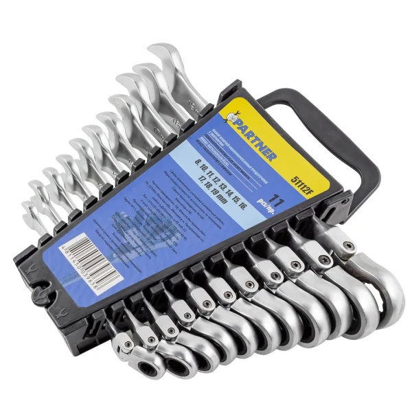 Ключи комбинированные трещоточные с шарниром (8,10-19мм), набор 11пр.