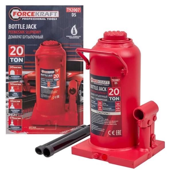Домкрат гидравлический бутылочный, 20т (с предохранительным клапаном, минимальная высота: 245 мм, ход штока: 165 мм, ход винта: 60 мм, максимальная вы