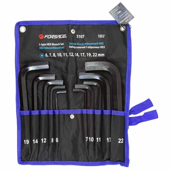 Набор ключей Г-образных 6-гранных 10пр. (6, 7, 8, 10, 11, 12, 14, 17, 19, 22мм) на полотне