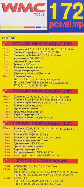 Набор инструментов 172пр. 1/4'', 3/8'', 1/2''(6гр.)(4-32мм)