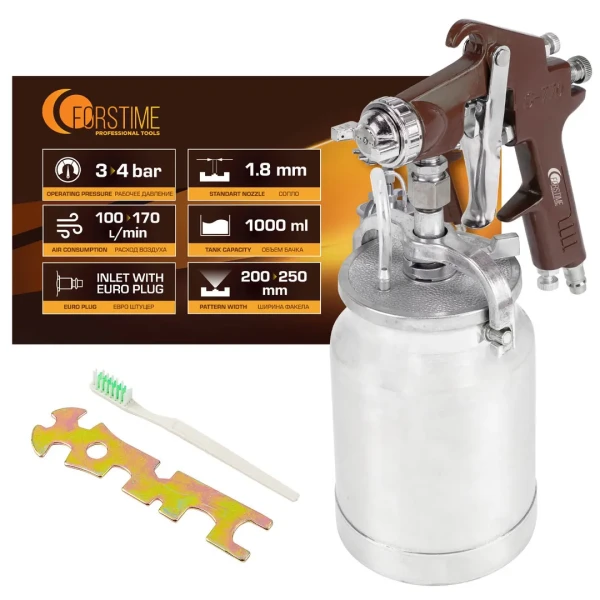 Краскораспылитель с нижним металлическим бачком (бачок 1000мл, сопло 1.8мм, факел 200-250мм, рабоч.давление 3-4бар, расход воздуха 100-170л/мин)