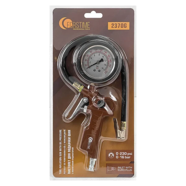 Пистолет для подкачки шин с аналоговым манометром и шлангом (0-16bar, манометр заполнен глицерином), в блистере