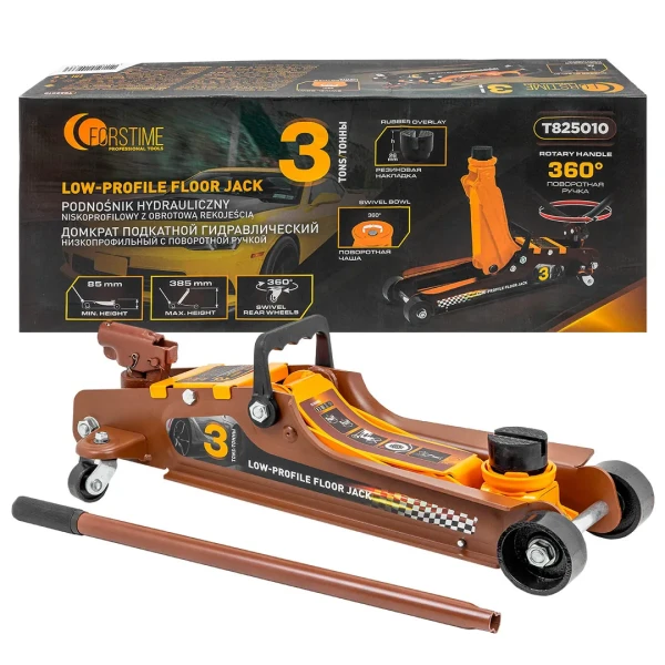 Домкрат подкатной гидравлический низкопрофильный 3т (поворотная ручка 360°,h min 85мм, h max 385мм)