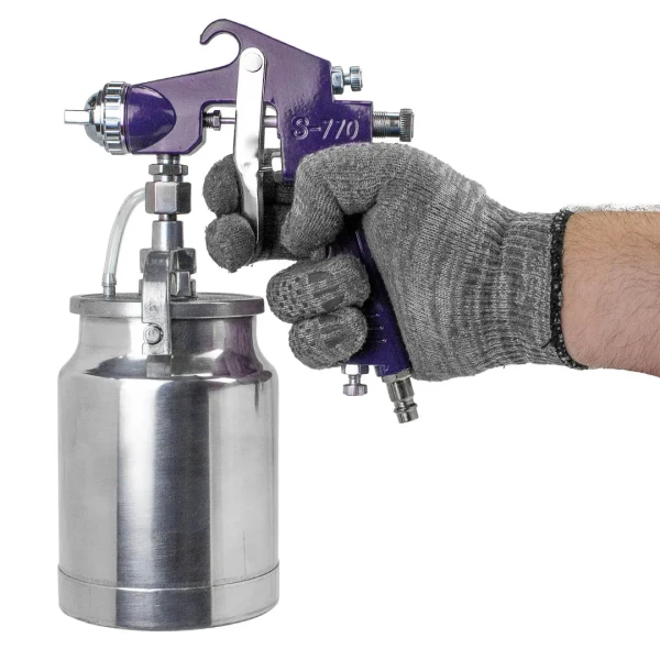 Краскораспылитель с нижним металлическим бачком (бачок 1000мл, сопло 1.8мм, факел 200-250мм, рабоч.давление 3-4бар, расход воздуха 100-170л/мин)