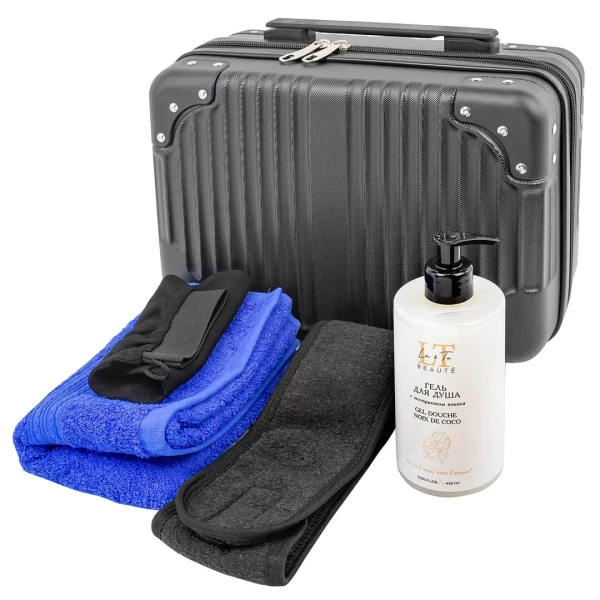 Набор(сумка чернаяA180#+.гель для душа-1787,полотенце.мочалка-руковица.повязка на липучке)