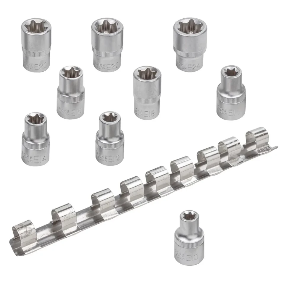 Набор головок Е-профиль 9пр.,1/2''(Е10,11,12,14,16,18,20,22,24), на металлической планке