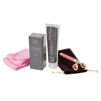 Набор(массажер роликовый Gold-белая уп.повязка на голову на липучке.маска для лица-1886.эссенция для лица-1848.пакет 30*30)