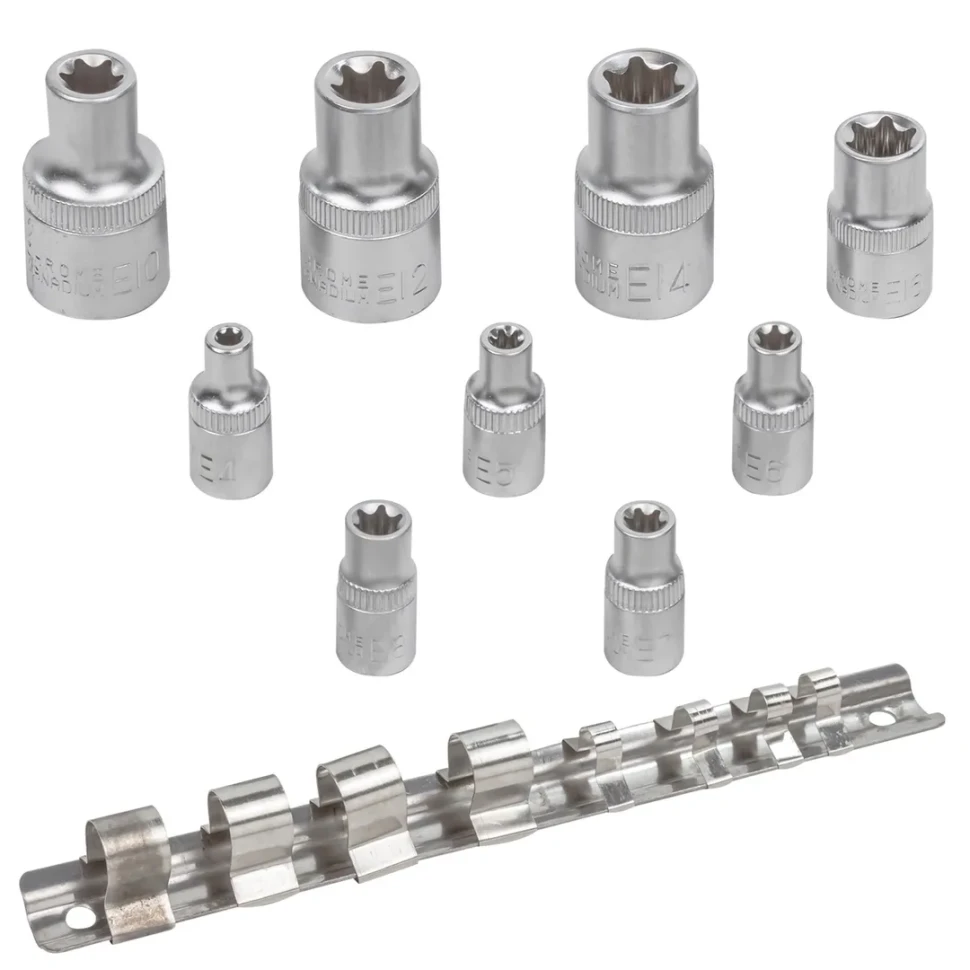 Набор головок Е-профиль 9пр., 1/4'',1/2''(Е4,5,6,7,8,10,12,14,16), на металлической планке