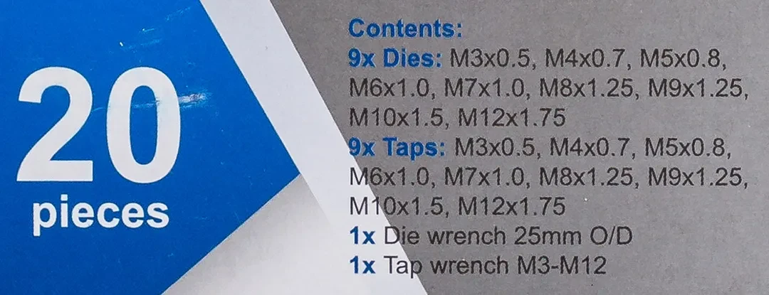Набор метчиков и плашек метрический 20пр. (М3х0.5, М4х0.7, М5х0.8, М6х1, М7х1, М8х1.25, М10х1.5, М12х1.75, 1/8NPT27)