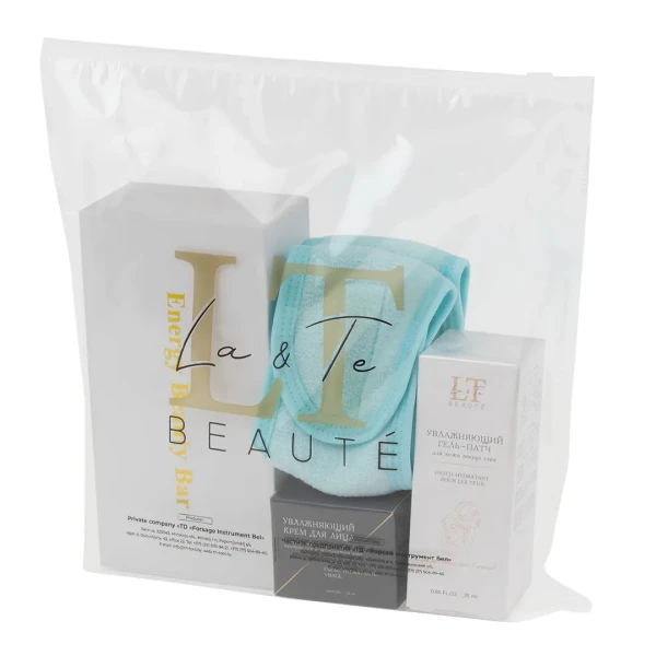 Набор(массажер роликовый Gold-белая уп.повязка на голову на липучке.гель-патч для лица-1831.крем для лица-1862.пакет 30*30)