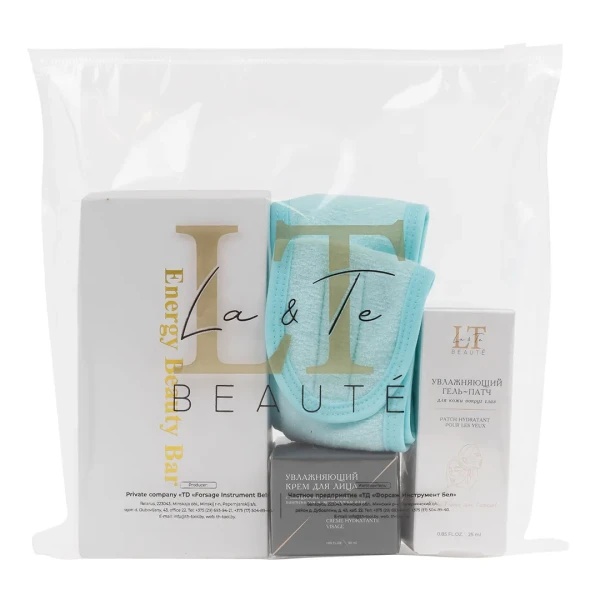 Набор(массажер роликовый Gold-белая уп.повязка на голову на липучке.гель-патч для лица-1831.крем для лица-1862.пакет 30*30)