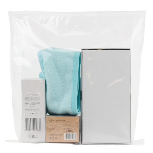 Набор(массажер роликовый Gold-белая уп.повязка на голову на липучке.гель-патч для лица-1831.крем для лица-1862.пакет 30*30)