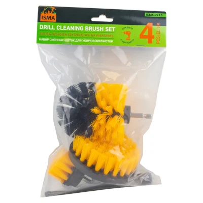 Набор сменных щеток для уборки/химчистки 4пр. (под шуруповерт: круглая 90х75мм, плоская 50х25мм, плоская 100х25мм, удлинитель 150мм)