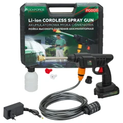 Мойка высокого давления аккумуляторная (24В,15 Бар,2.8 л/мин, батарея 1500 мАч, зарядка 3-5ч, щеточный двигатель)