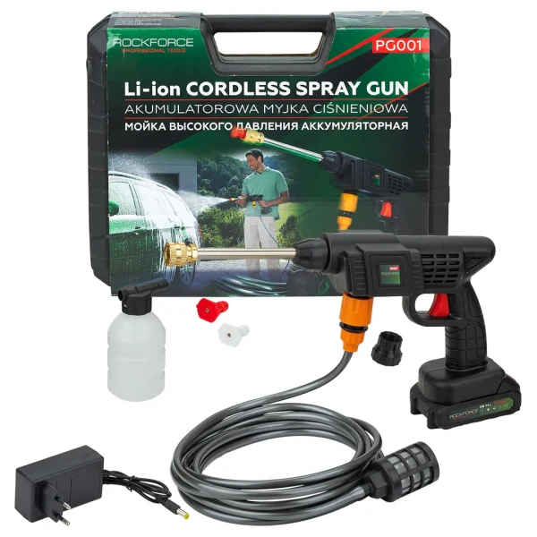 Мойка высокого давления аккумуляторная (24В,15 Бар,2.8 л/мин, батарея 1500 мАч, зарядка 3-5ч, щеточный двигатель)