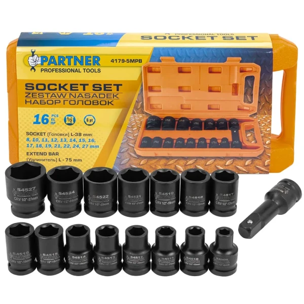 Набор головок 16пр.1/2''( 6гр) (8-10-11-12-13-14-15-16-17-18-19-21-22-24-27)+удлинитель 75мм)в кейсе