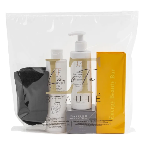 Набор(массажер для кожи вокруг глаз-желтая уп.повязка на голову на липучке.гель-пенка-1824.увлажняющий тоник-1763.крем для лица-1862.пакет 30*30)