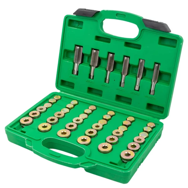 Набор метчиков и пробок для восстановления резьбы маслосливных отверстий114пр.(М13х1.25, М13х1.5, М15х1.5, М17х1.5, М20х1.5, М22х1.5), в кейсе