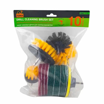 Набор сменных щеток для уборки/химчистки 10пр. (под шуруповерт: кругл.90х75мм,плоск.50х25мм, плоск.100х25мм,насадка под диски 100мм, диски 100мм 6шт)