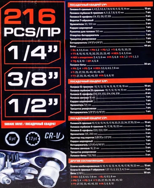 Набор инструментов 216пр. 1/4''3/8''1/2''(6гр, 12гр)