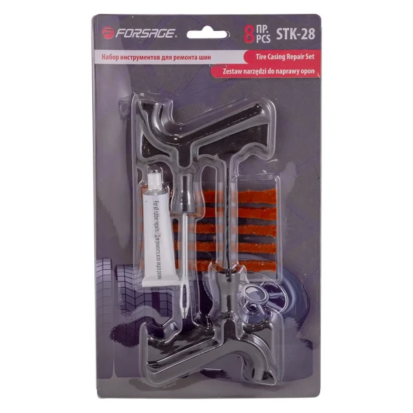 Набор инструментов для ремонта шин 8пр.(шило,протяжка-''мелкая спираль'',шнуры-5шт,клей), в блистере