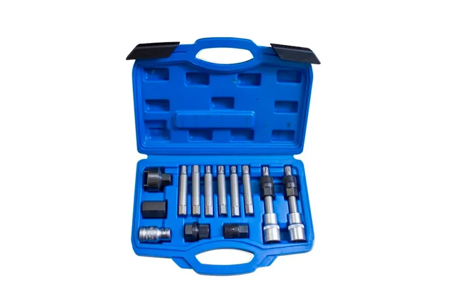 Набор для снятия шкивов генераторов:1/2''биты: М10, Т50х110мм, 10мм, биты: М8, М10, Н8, Н10, Т40, Т50x75мм, битодержатель 1/2''хF10мм, (13пр.) в кейсе.