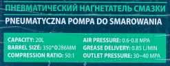Нагнетатель смазки пневматический перекатной с емкостью 20л(50:1,пр-ть:0-0.85 л/мин, давление смазки:300-400bar,давление воздуха:6-8bar,шланг:4м)