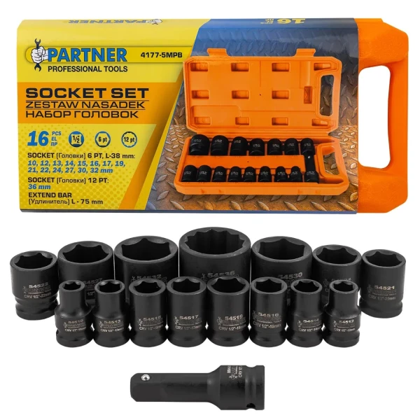 Набор головок ударных коротких 16пр.1/2''(6-гр.)(10,12-17,19,21,22,24,27,30,32мм(36мм-12гр)+удлинитель 75мм),в кейсе