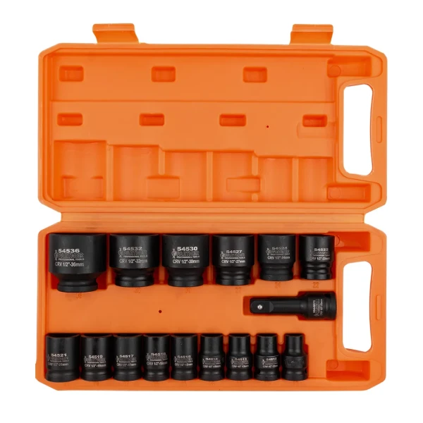 Набор головок ударных коротких 16пр.1/2''(6-гр.)(10,12-17,19,21,22,24,27,30,32мм(36мм-12гр)+удлинитель 75мм),в кейсе