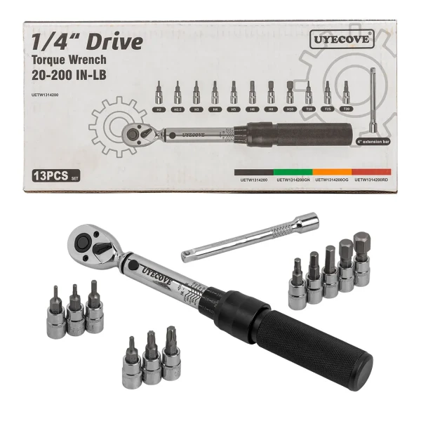 Ключ динамометрический щелчкового типа с быстрой фиксацией 2-22Нм, 1/4''в комплекте с инструментом, в пластиковом кейсе (черный)