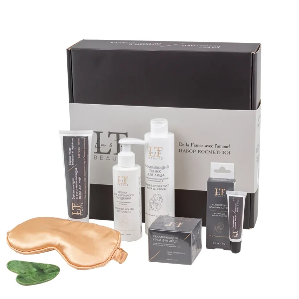 Набор(Увл.крем для лица,увл. восст.маска,пенка для глубокого очищения со скрабирующими гранулами,увл.тоник для лица,увл.бальзам для губ+скребок гуаша)