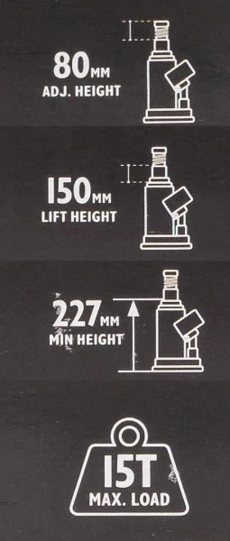 Домкрат бутылочный 15т с клапаном (h min 227мм, h max 458мм, ход штока-150мм, ход винта-80мм)