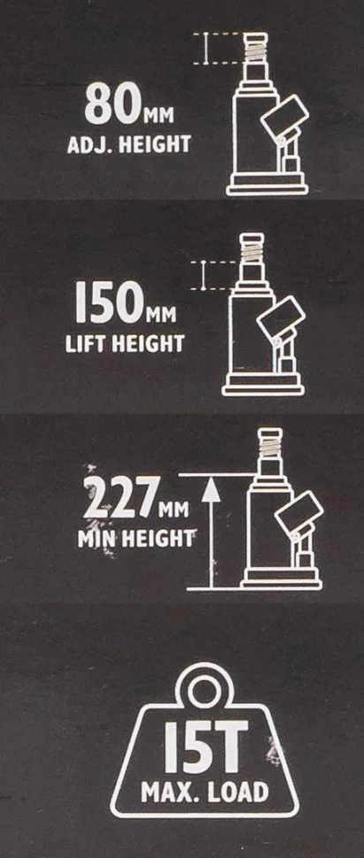 Домкрат бутылочный 15т с клапаном (h min 227мм, h max 458мм, ход штока-150мм, ход винта-80мм)