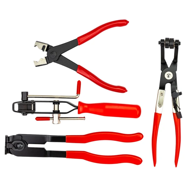 Клещи для снятия и установки хомутов в комплекте с приспособлением для установки ленточных хомутов шруса, набор 4пр.