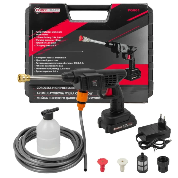 Мойка высокого давления аккумуляторная (24В,15 Бар,2.8 л/мин, батарея 1500 мАч, зарядка 3-5ч, щеточный двигатель)