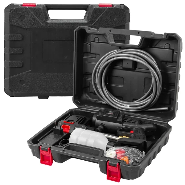 Мойка высокого давления аккумуляторная (24В,15 Бар,2.8 л/мин, батарея 1500 мАч, зарядка 3-5ч, щеточный двигатель)