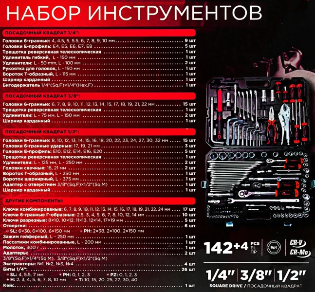 Набор инструментов 142+4пр. 1/4'', 3/8'', 1/2''(6гр.)