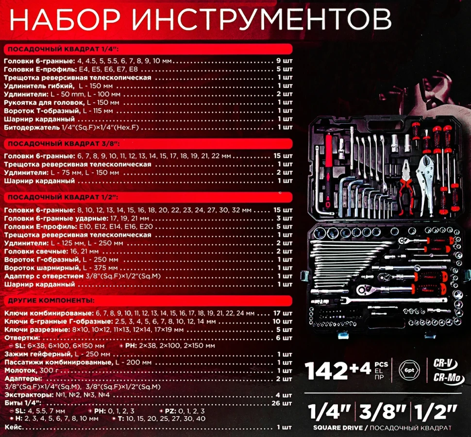 Набор инструментов 142+4пр. 1/4'', 3/8'', 1/2''(6гр.)