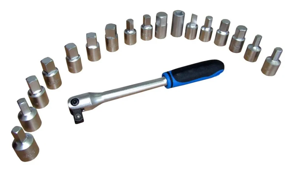 Набор для маслосливных пробок,3/8''18пр(насадка 6-гр:8,9,10,12,14,17мм насадка 4-гр:7,8,10,11,12,13,14мм,5/16'',3/8''гол. 4-гр 10мм насадка 3-гр 10мм)