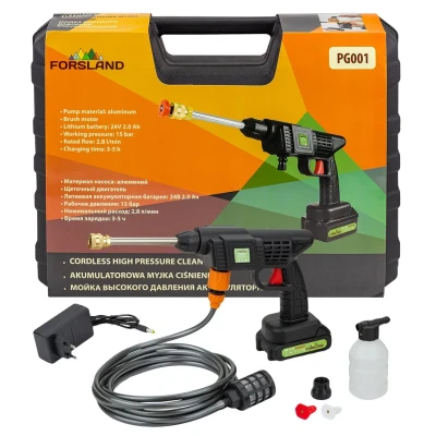 Мойка высокого давления аккумуляторная (21В,15 Бар,2.8 л/мин, батарея 1500 мАч, зарядка 3-5ч, щеточный двигатель)