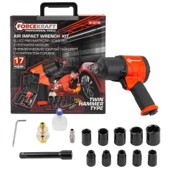 Пневмогайковерт ударный''Twin Hammer''срегулировкой1/2''+набор головок(9-11,13,14,17,19,22,24,27мм,720Hм,7500об/мин,6.3bar,236л/мин+лубр.-р+ штуцер)