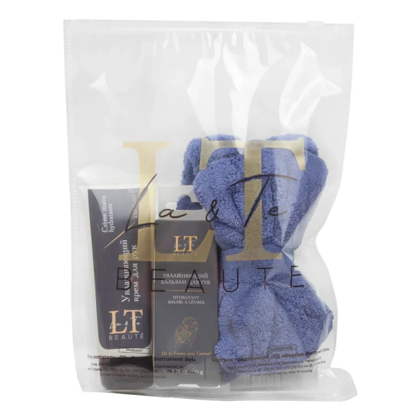 Набор (Увлажняющий бальзам для губ,10г LT-1756,Увлажняющий крем для рук,75мл LT-1794,Повязка на голову-бант (синий),пакет 200*250)