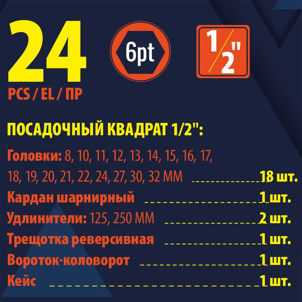 Набор инструментов 24пр. 6гр 1/2''(8-32мм) в металл.кейсе