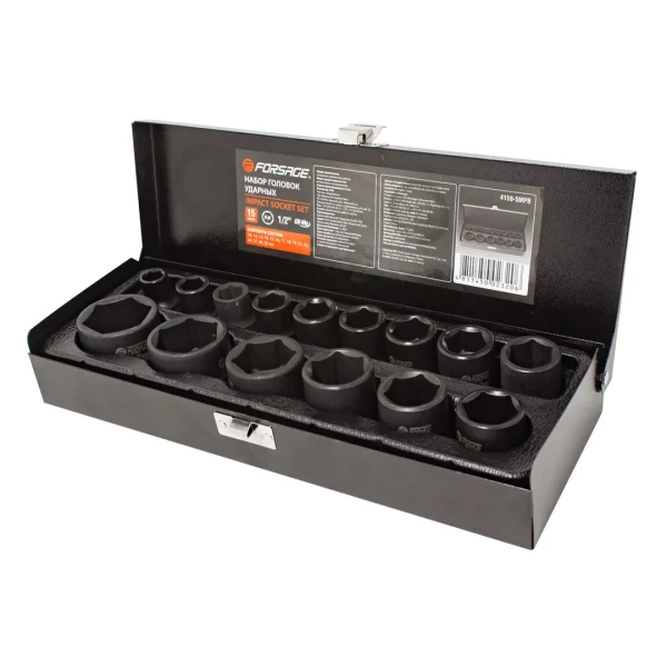 Набор головок ударных, 15пр. 1/2''6гр.(10,12,13,14,15,16,17,18,19,21,22,24,27,30,32мм),в метал. кейсе