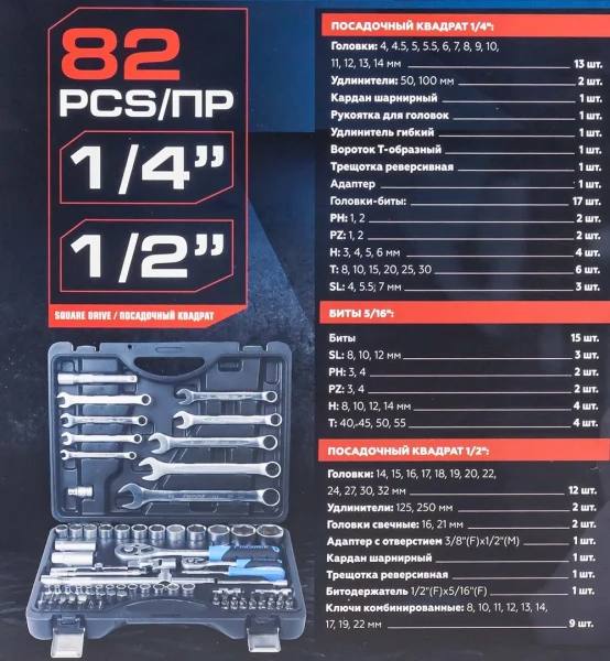 Набор инструмента 82пр.1/4''&1/2''(6-гр.)(4-32мм)