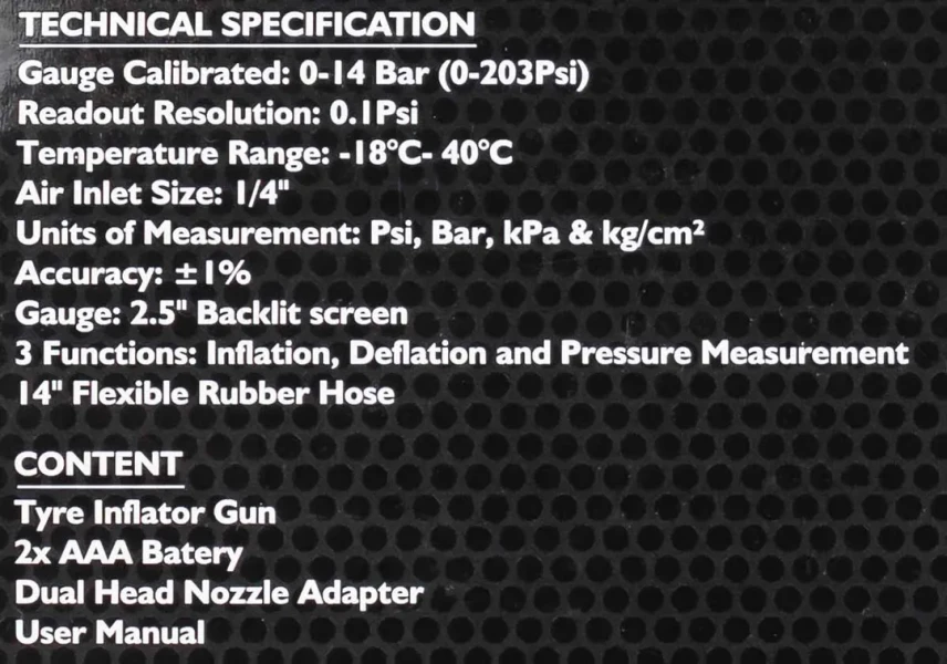 Пистолет для подкачки шин с цифровым манометром, шлангом и жестким удлинителем (0-14бар, Psi-бар-Кпа-кг/см², шланг 350мм, жесткий удлинитель 150мм)
